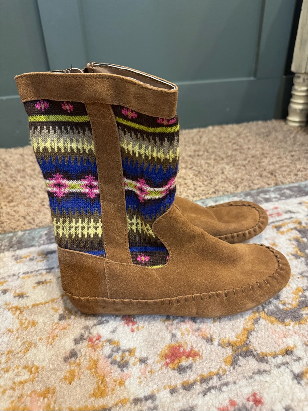 Brown Suede Knit-Panel Women’s Moccasin Boots